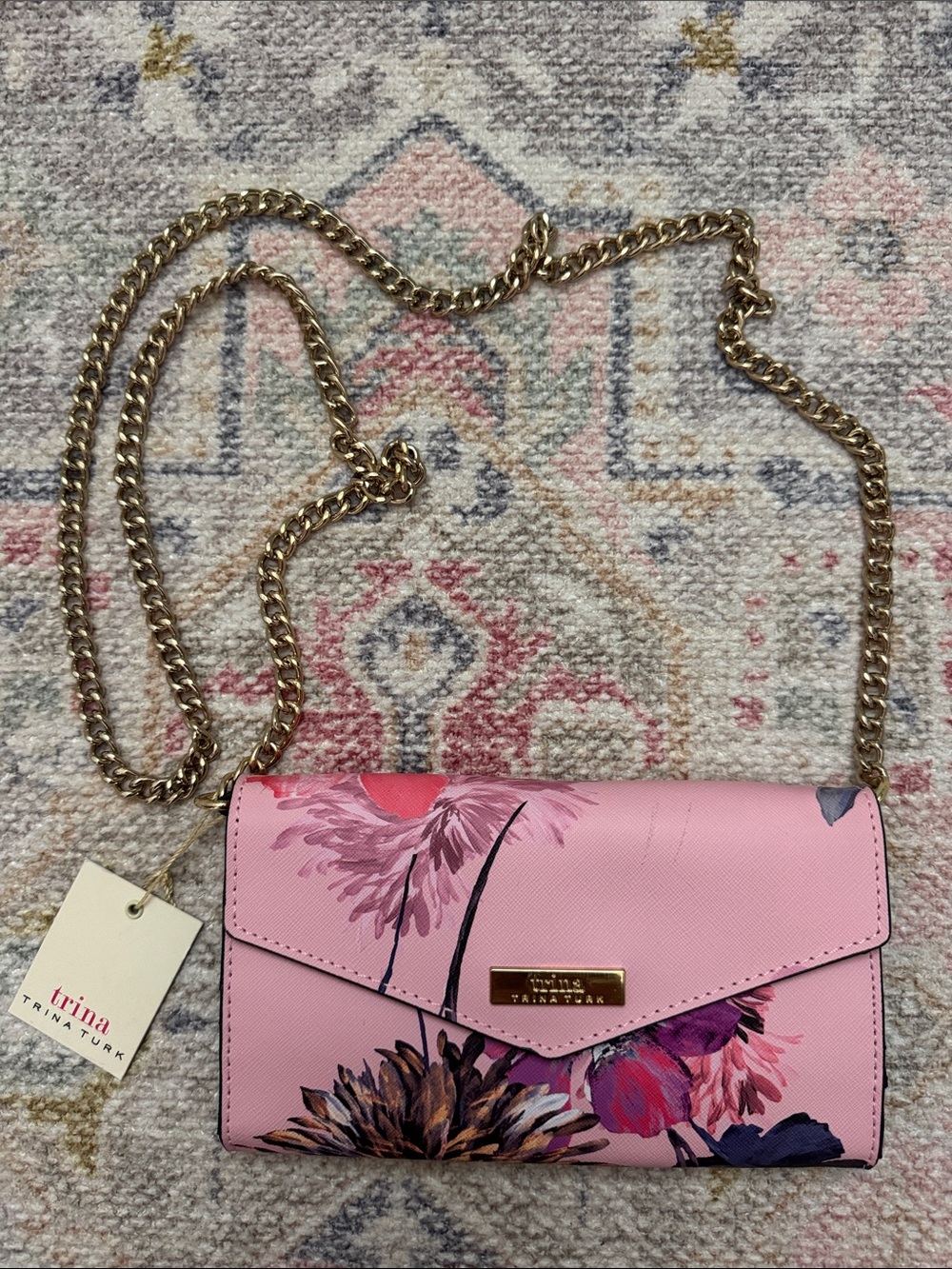 Trina Turk Pink Floral Envelope Crossbody with Gold Chain